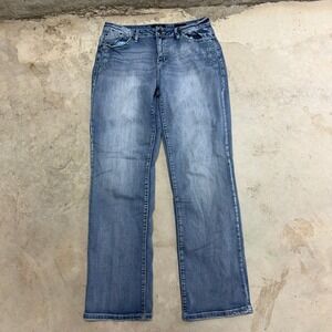 Earl Straight Leg Jeans Blue Wash Embroidered Pockets Womens Size 14